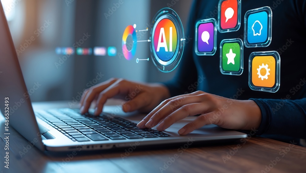 Poster person working on a laptop with artificial intelligence and app icons interface design concept