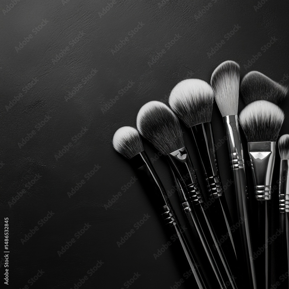 Poster monochrome layout of elegant makeup brushes arranged in a creative pattern with ample negative space