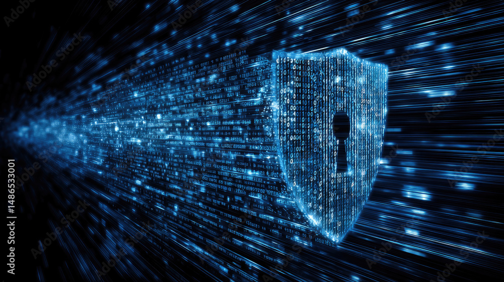 Aufkleber digital shield formed from binary code protects against cybersecurity threats