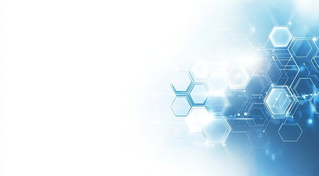 Abstract technology background with hexagonal shapes and light effects.  Hexagon patterns overlap, creating a dynamic, futuristic look with soft blue highlights on a white backdrop