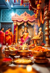 Fototapeta premium group of people standing around a table filled with food