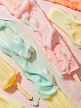 Melting popsicles in vibrant fruity colors arranged diagonally on a pastel background capturing the essence of a warm summer day