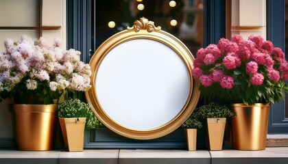 blank sign mockup on a stylish storefront gold frame sign with flower decorations ideal for logo branding and advertising presentations