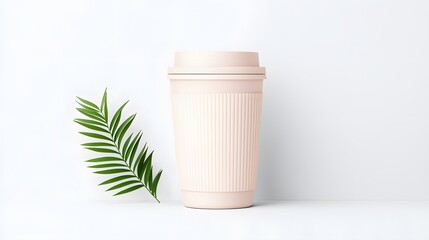 Pink Reusable Coffee Cup Mockup with Greenery on White Background