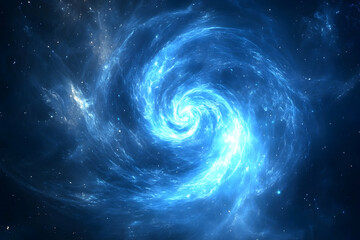 A swirling blue nebula in deep space with bright central light.