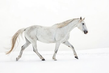 Fototapeta premium Elegant White Horse Walking Gracefully on a Plain Backdrop Generative AI