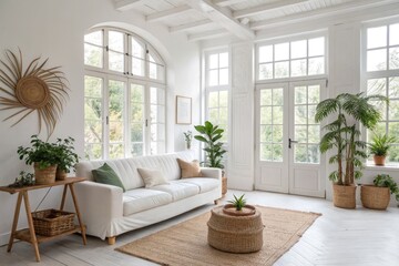 Bright and Airy White Living Room With Large Windows and Plants Generative AI