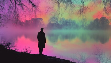 Silhouetted figure by a vibrant river at dawn