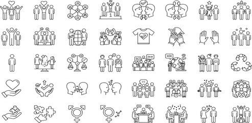 Diversity Line Editable Icons set. Vector illustration in thin line modern style of society related icons: oneness, people, equality, and more.