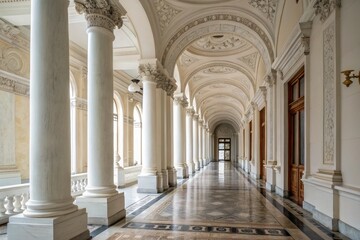 Elegant Hallway With White Pillars Showcasing Architectural Beauty Generative AI