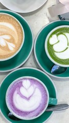 Delightful Trio Aromatic Coffee and matcha Drinks with Artistic Latte Art for a Cozy Cafe Experience