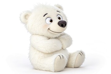 Cute White Plush Bear Sitting on a White Background Generative AI