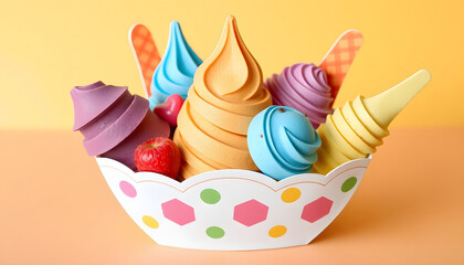Assorted vibrant ice cream in a crisp paper cup, Paper Cutout style. with white shades