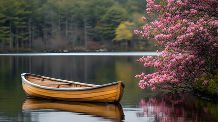 Obraz premium A rowboat on a quiet lake, surrounded by flowering trees and reflecting the soft pink hues of spring
