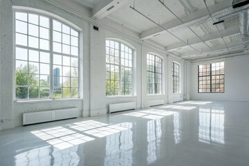 Fototapeta premium Bright White Room With Expansive Windows and Glossy Floor Generative AI