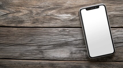 Smartphone with blank screen lying on weathered wooden surface outdoors.