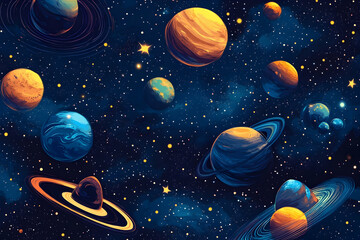Naklejka premium Colorful planets and stars float in a dark blue space background.