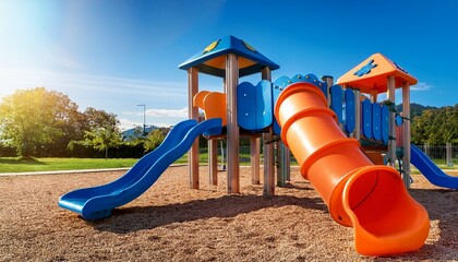 a playground with a blue and orange slide