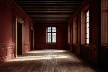Empty room with red walls and wooden floor illuminated by sunlight through windows.