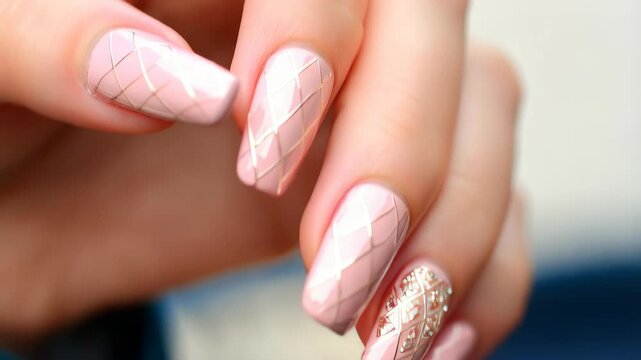 Elegant nails with lattice design in a light pink tone with a glitter nail accent, close up detail of manicured hand, nail art design, fashion forward.