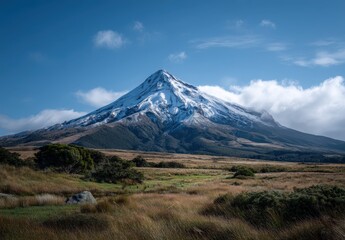 Fototapeta premium Snow-capped mountain under blue sky.