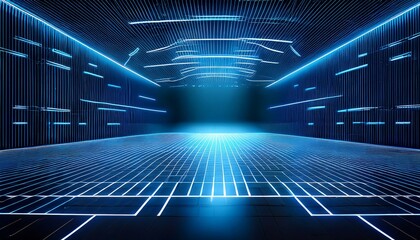 modern blue lit grid stage for showcasing products in a high tech space