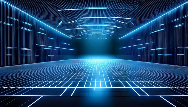 modern blue lit grid stage for showcasing products in a high tech space