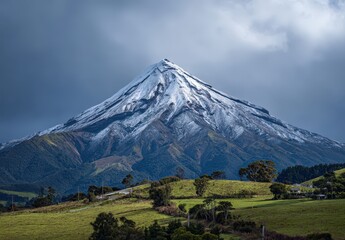Naklejka premium Snow-capped mountain peak with stormy sky.