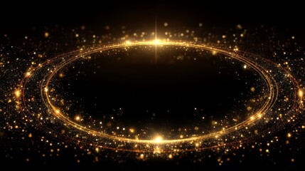 Glowing golden ring with sparkling particles on dark background in abstract style.