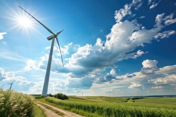 Obraz premium Wind Turbine Stands Tall Under Sunny Summer Sky With Clouds Generative AI