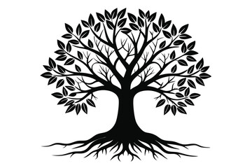Silhouette Tree Vector Illustration Detailed Branches, Leaves, and Root System Artwork