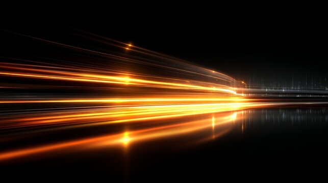 Glowing orange and silver light trails on a dark futuristic abstract background.