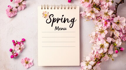 Spring menu notebook surrounded by cherry blossom flowers in a bright setting