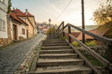Obraz premium Wooden Stairway Leading to Historic Street at Sunset Glow Generative AI