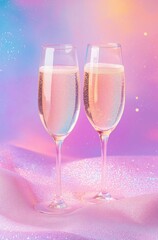 Sparkling celebration with pink bubbly in elegant flutes set against a dreamy pastel backdrop