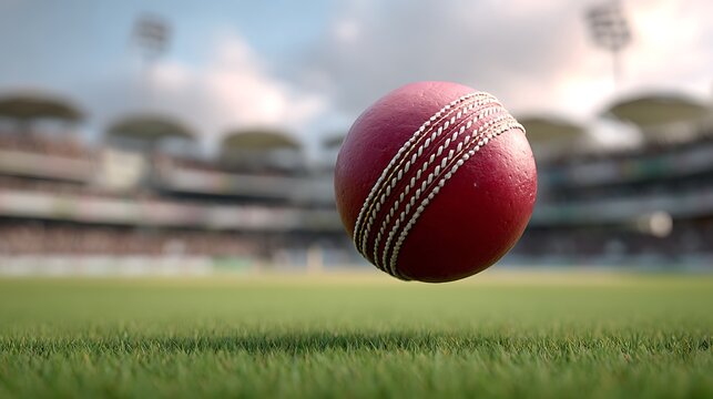 A cricket ball mid-air on a lush green field. 