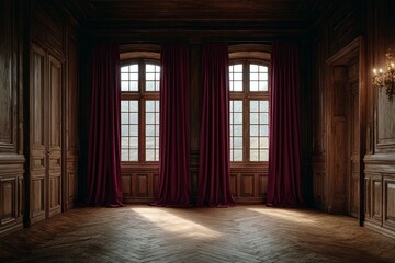 Empty room with two windows red curtains and sunlight on the floor.