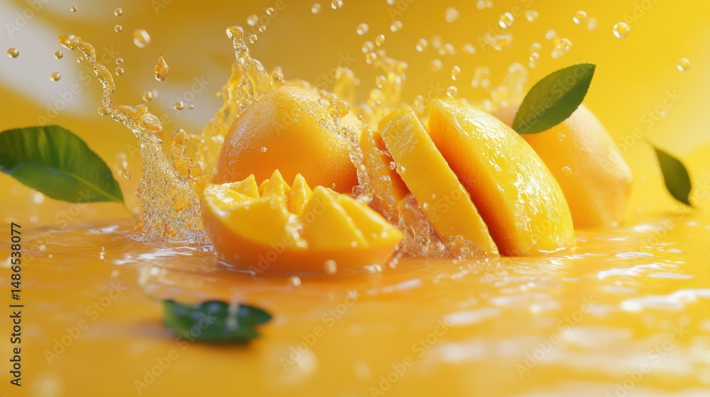 Poster Sliced oranges splashing in juice.