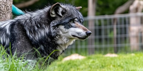 Fototapeta premium Majestic Gray Wolf Profile in Green Grass