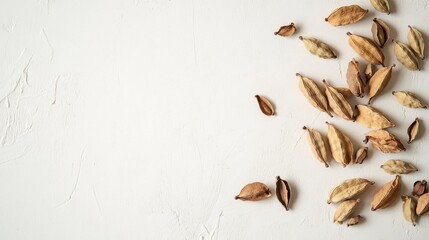 Dried Flower Seeds Scattered on White Textured Background