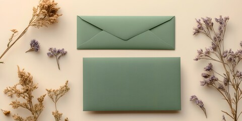 Sage Green Envelopes Mockup with Dried Flowers Flatlay