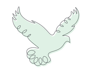 Continuous single line drawing pigeon. Peace and freedom bird symbol in one line. Flying dove silhouette. Editable stroke. Minimalistic doodle logo. Blue and black color icon vector illustration.