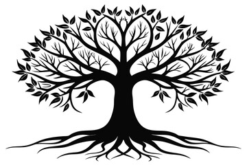 Black Silhouette Vector of a Deciduous Tree with Leaves and Roots Art