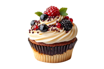 cupcake with berries and frosting isolated on a transparent background.