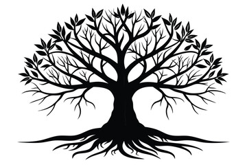 Elegant silhouette of a lush tree showcasing intricate branches and roots vector art