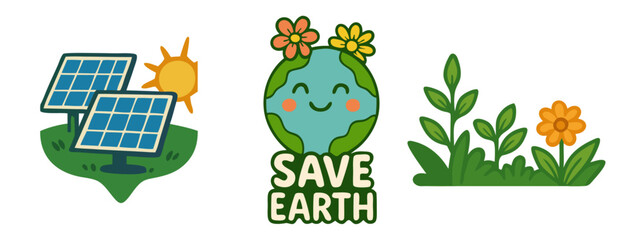 Save Earth PNG Icon Set – Smiling Planet with Flowers, Solar Panel with Sun, and Green Plants on Transparent Background