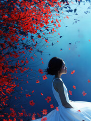 Elegant Woman in White Dress Sitting Under Red Blossoms, Surreal Fantasy Portrait with Dreamy Atmosphere and Vibrant Color Contrast, Concept Art