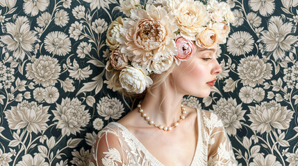 Elegant Woman with Floral Crown and Pearl Necklace Against Vintage Floral Wallpaper, Romantic Fine Art Portrait with Classic and Botanical Aesthetic.