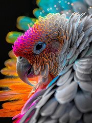 Colorful Exotic Parrot Close-Up with Vibrant Feathers, Artistic Wildlife Portrait with Abstract Fantasy Elements and Bright Color Accents.
