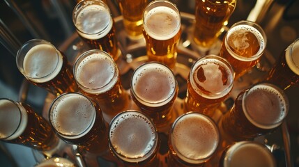 Overhead view of many glasses of golden beer on a metal rack.